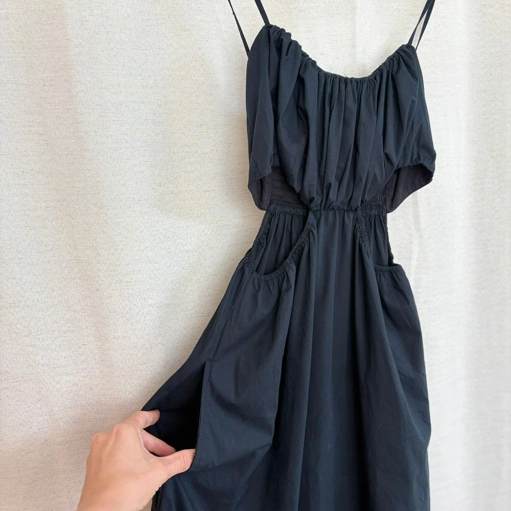 Abercrombie & Fitch Bubble Top NAVY Maxi Dress Cutout Spaghetti Straps Pockets M